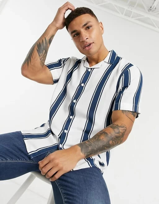 Men Blue striped short Sleeve Shirt