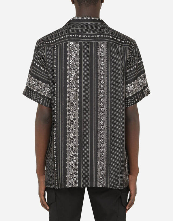 Men Camicia Print Black Short Sleeve Shirt