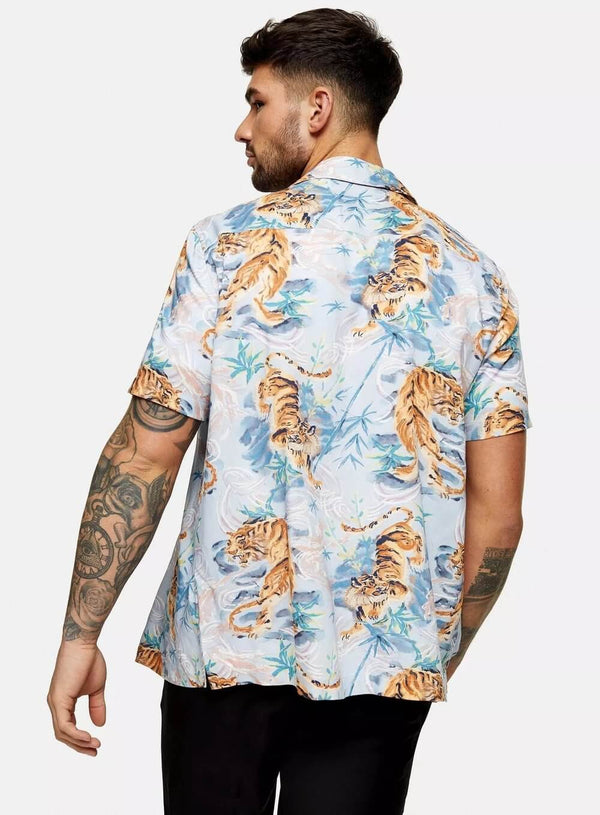 Men Designer Tiger Print Short Sleeve Shirt
