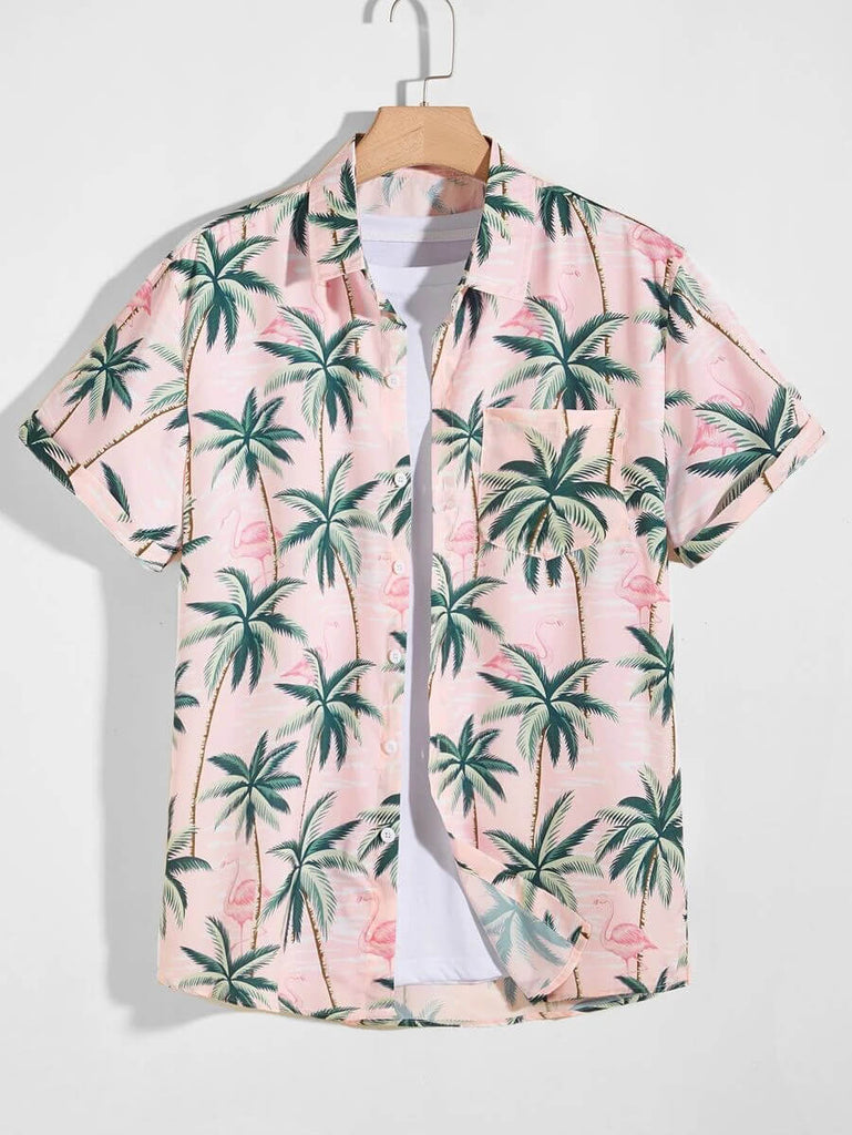 Men Flamingo & Tree Print Hawaiian Shirt 