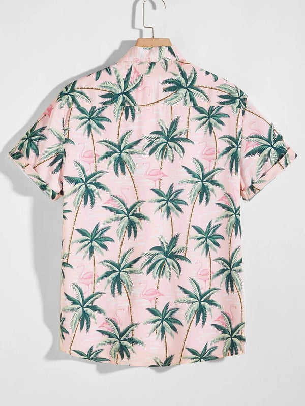 Men Flamingo & Tree Print Hawaiian Shirt 