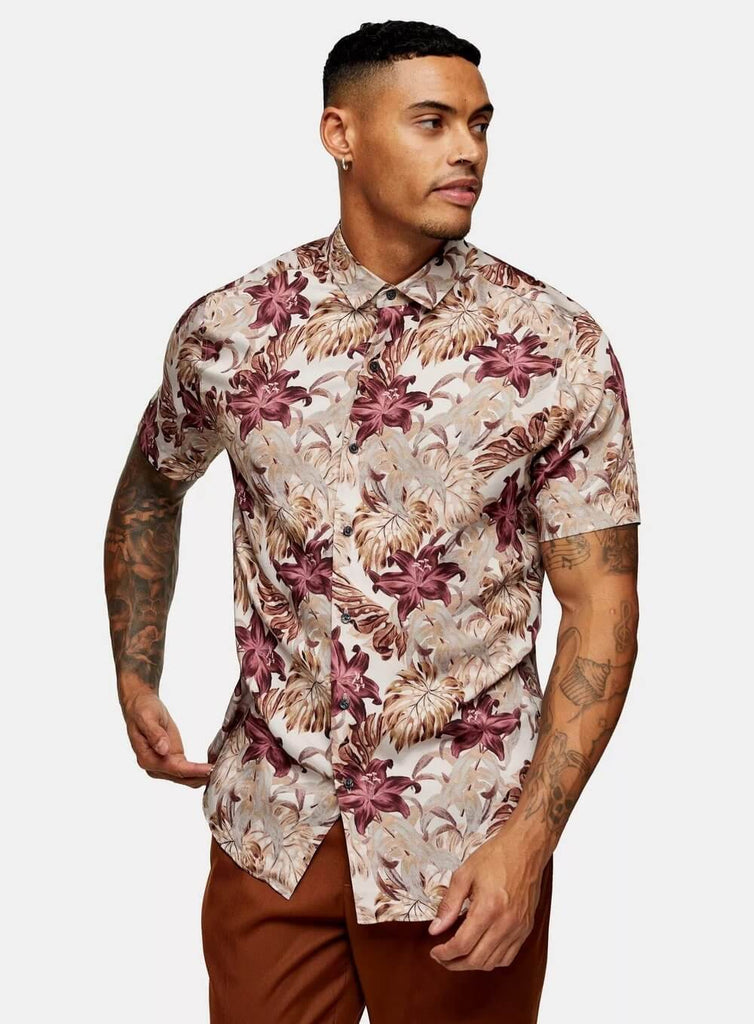 Men Floral Print Hawaiian Short Sleeve Shirt