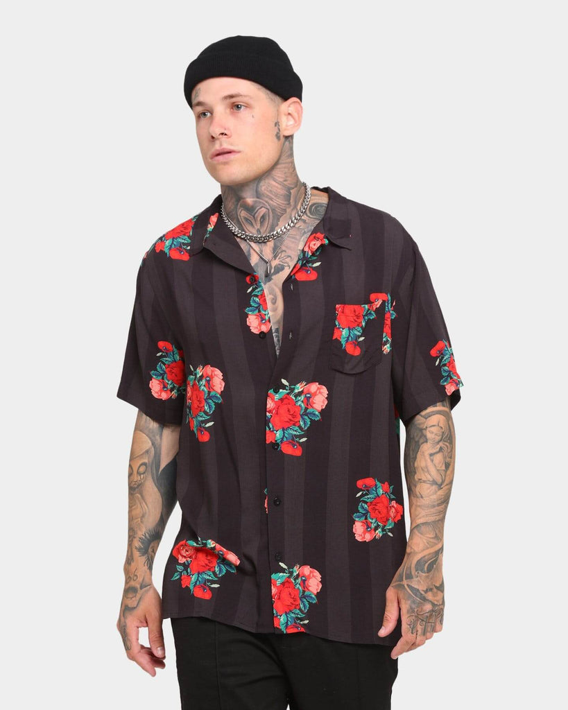 Men Floral Print Stripe Short Sleeve Shirt
