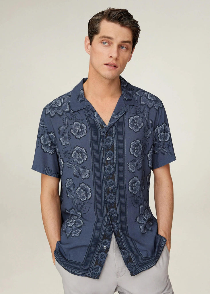 Men Hawaiian Flowy Print Short Sleeve Shirt