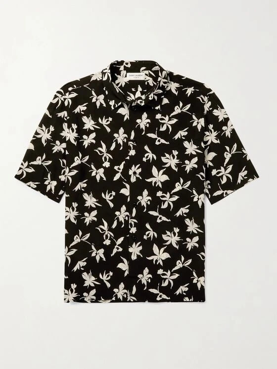 Men Hibiscus Flower Print Black Short Sleeve Shirt