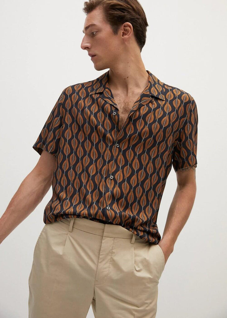 Men Printed Flowy Brown Short Sleeve Shirt