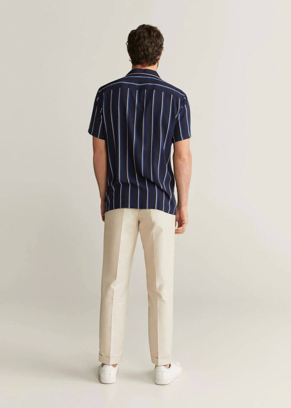Men Slim Fit Striped Flowy Blue Short Sleeve Shirt
