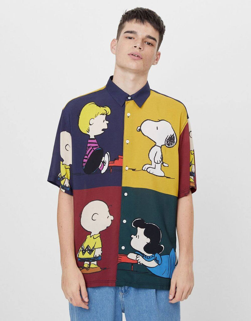 Men Snoopy Anime Print Short Sleeve Shirt