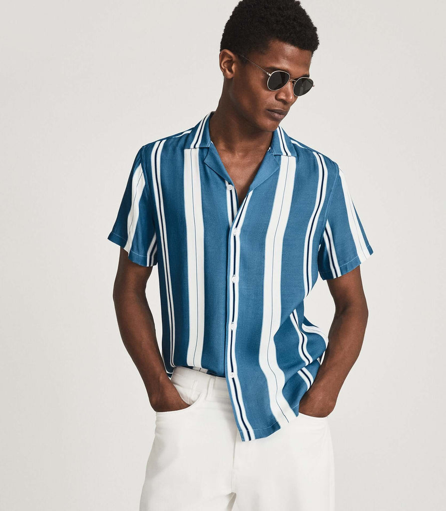 Men Striped Cuban Collar Short Sleeve Blue Shirt