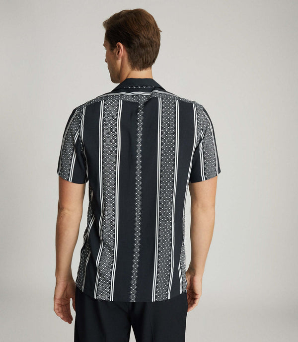 Men Striped Diamond Print Short Sleeve Black Shirt