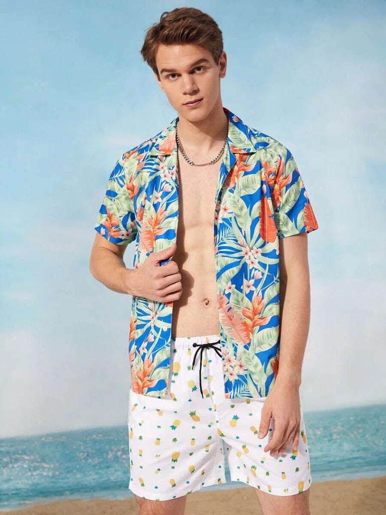 Men Tropical Print Lapel Collar Shirt 