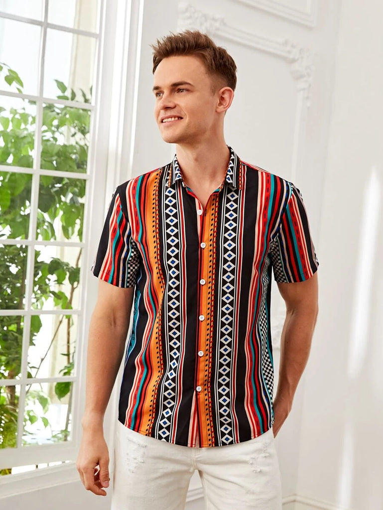Men Vertical Striped & Checkered Print Shirt