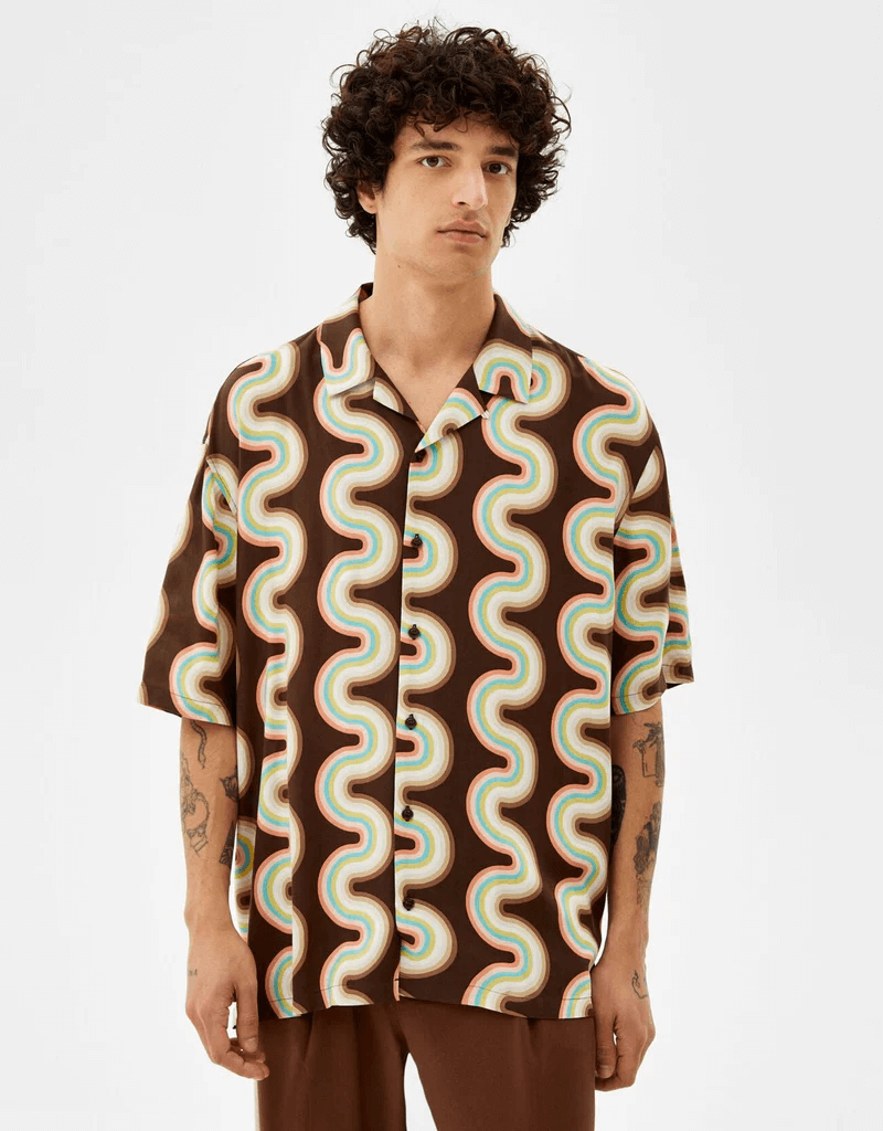 Relaxed 70s Style Multi Print Wave Shirt 